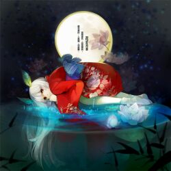  bad_id bad_pixiv_id chinese_text female flower full_moon hair_ornament japanese_clothes kimono leaf long_hair lotus moon night night_sky nineo original partially_submerged photoshop_(medium) red_eyes sky solo star_(sky) tabi translation_request water white_hair 