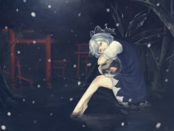  bad_id bad_pixiv_id barefoot blue_eyes blue_hair cirno female fish fishbowl goldfish highres ice ice_wings short_hair sitting snow soaking_feet solo torii touhou water wings yoshimune_(b12f) 