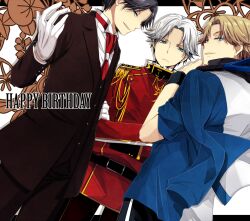  3boys atobe_keigo bad_id bad_pixiv_id blonde_hair blue_eyes commentary_request dutch_angle formal gloves happy_birthday male_focus military military_uniform multiple_boys multiple_persona nozomu144 suit tennis_no_ouji-sama uniform white_gloves white_hair 