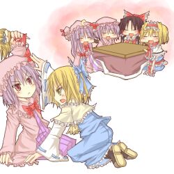  6+girls :&lt; :d =_= alice_margatroid bat_wings blonde_hair bow capelet chibi commentary_request crescent doll frills frown hairband hairbow hakurei_aimu hakurei_reimu hat if_they_mated kotatsu large_bow lolicon long_hair multiple_girls natsuk open_mouth patchouli_knowledge purple_hair red_eyes remilia_scarlet shaded_face shanghai_doll short_hair smile table touhou wings yellow_eyes 