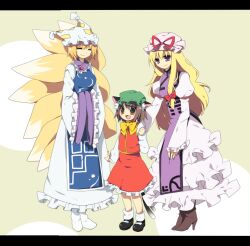  3girls animal_ears bad_id bad_pixiv_id blonde_hair bow brown_eyes brown_hair cat_ears cat_tail chen closed_eyes dress fox_tail hairbow hands_in_opposite_sleeves hat high_heels letterboxed mary_janes multiple_girls oerba_yun_fang open_mouth purple_eyes shoes simple_background smile soranagi tail touhou yakumo_ran yakumo_yukari 