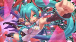  aqua_eyes aqua_hair commentary_request detached_sleeves female foreshortening hatsune_miku headset long_hair necktie open_mouth photoshop_(medium) skirt solo thighhighs tsukigami_chronica twintails very_long_hair vocaloid 