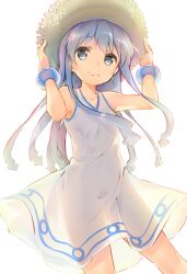  bare_shoulders blue_eyes blue_hair bracelet commentary_request dress dsmile female flat_chest hands_on_headwear hat ikamusume jewelry looking_at_viewer shinryaku!_ikamusume simple_background smile solo standing straw_hat tentacle tentacle_hair 