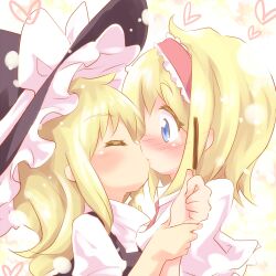  2girls alice_margatroid ayakashi_(monkeypanch) blonde_hair blue_eyes blush braid capelet closed_eyes commentary_request dress ear_blush food hairband hat heart kirisame_marisa kissing lace long_hair multiple_girls pocky short_hair single_braid touhou witch_hat yuri 