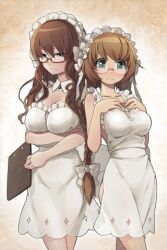  2girls apron blunt_bangs blush braid breasts brown_hair chief_maid cleavage clipboard frills glasses green_eyes large_breasts len_(a-7) long_hair lowres maid maid_headdress mop_maid multiple_girls naked_apron photoshop_(medium) sepia_background short_hair sword_girls 