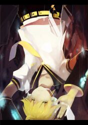  1boy aqua_eyes bad_id bad_pixiv_id belt black_shorts blonde_hair floating_neckwear headphones highres kagamine_len male_focus necktie nineo photoshop_(medium) shorts solo upside-down vocaloid yellow_necktie 