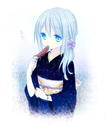  aqua_eyes aqua_hair banana blue_kimono blush bracelet chocolate_banana commentary_request eating female flower food fruit hair_flower hair_ornament japanese_clothes jewelry kimono kuu_(0427) long_hair obi original sash scribble solo sprinkles translated upper_body yukata 