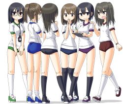  6+girls black_eyes black_hair black_legwear brown_eyes brown_hair buruma commentary_request glasses gym_uniform highres kneehighs maruput multiple_girls open_mouth original over-kneehighs own_hands_together ponytail smile socks stopwatch thighhighs watch white_legwear 