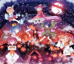  6+girls alice_margatroid animal_ears animal_hands bandages bat_wings blonde_hair blue_eyes blue_hair blush bow bowtie candy cape coffin commentary_request costume crossed_arms crown dress elbow_gloves embarrassed flandre_scarlet food full_moon gloves grey_hair grin hair_over_one_eye hair_ribbon hairband halloween hat highres ibaraki_kasen index_finger_raised jiangshi konpaku_youmu lollipop long_sleeves meracle miyako_yoshika moon multiple_girls oerba_yun_fang ofuda one_eye_closed open_mouth pantyhose photoshop_(medium) pink_hair pointy_ears puffy_pants pumpkin pumpkin_hat purple_eyes red_moon remilia_scarlet ribbon short_hair siblings sisters sleeves_past_wrists smile striped swirl_lollipop tail teeth touhou white_gloves wings witch witch_hat wolf_ears wolf_tail 