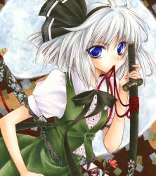  aoi_yuuka_(ao_no_kokoro) blue_eyes commentary_request female hair_ribbon katana konpaku_youmu konpaku_youmu_(ghost) marker_(medium) mouth_hold painting_(medium) pastel_(medium) ribbon short_hair short_sleeves solo sword touhou traditional_media watercolor_(medium) weapon white_hair 