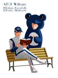  2boys animal_costume bench book costume formula_one frog frog_costume male male_focus multiple_boys pastor_maldonado racing_suit reading rubens_barrichello sitting ustumi_soudou wink 