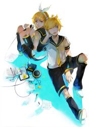  1boy aqua_eyes back-to-back bad_id bad_pixiv_id belt blonde_hair book brother_and_sister female hair_ornament hair_ribbon hairclip hand_on_headphones headphones headset highres kagamine_len kagamine_rin microphone necktie nineo one_eye_closed open_mouth photoshop_(medium) ribbon short_hair shorts siblings sitting smile twins vocaloid yellow_eyes yellow_necktie 