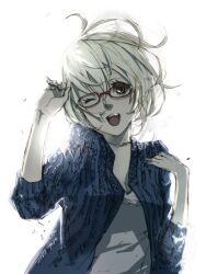  bad_id bad_pixiv_id female glasses one_eye_closed open_mouth original red-framed_eyewear sleeves_pushed_up solo usui_ryuu white_hair 