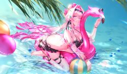  absurdres ass ball barefoot beachball bikini black_bikini breasts chinese_commentary cleavage commentary_request feet female hair_intakes highres honkai_(series) honkai_impact_3rd kailu_(kyshiro) large_breasts long_hair looking_at_viewer official_alternate_costume outdoors purple_eyes smile soles solo swimsuit thelema_nutriscu thigh_strap toes very_long_hair water white_hair 