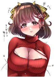  alternate_costume asahi_(kancolle) asahi_(setsubun)_(kancolle) beans black_hairband blush breasts brown_hair cleavage fake_horns female grey_eyes hair_ribbon hairband highres horns kantai_collection large_breasts mamemaki mole mole_under_mouth oni_costume poyo_teitoku red_ribbon red_sweater ribbon setsubun short_hair simple_background solo sweater torn_clothes torn_sweater turtleneck turtleneck_sweater upper_body white_background 