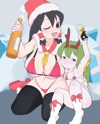  2girls :d ascot ascot_between_breasts bikini black_eyes black_hair black_thighhighs blue_eyes blush bow breasts catistennsi1 christmas closed_mouth commentary_request cookie_(touhou) daiyousei diyusi_(cookie) empty_eyes fake_antlers flat_chest full_body fur-trimmed_headwear fur_trim gift green_hair hairbow hakurei_reimu hat highres large_breasts long_hair looking_at_viewer multiple_girls noel_(cookie) nose_blush one_eye_closed open_mouth pom_pom_(clothes) red_bikini red_bow red_footwear red_hat santa_hat shoes smile socks strong_zero swimsuit thighhighs touhou unusually_open_eyes white_bikini white_socks yellow_ascot yellow_bow 