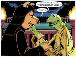  2023 4_fingers amphibian anthro blue_eyes border bridge brown_clothing brown_hair brown_jacket brown_topwear bruce_mccorkindale clothing coat crossover dialogue domestic_pig duo english_text female fingers frog green_body hair hi_res jacket kermit_the_frog lake male male/female mammal miss_piggy mixed_media muppet muppets parody pink_body pink_skin pride_and_prejudice signature snout speech_bubble suid suine sus_(pig) text the_muppet_show topwear torch white_border 