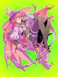  black_bodysuit bodysuit cropped_jacket demon_girl demon_wings duel_monster evil_twin_ki-sikil female full_body gloves green_background hat highres jacket ki-sikil_(yu-gi-oh!) long_hair purple_gloves purple_hat purple_jacket red_hair simple_background smirk solo sunglasses watermark wings yu-gi-oh! yukitaka_(zzzzz) 