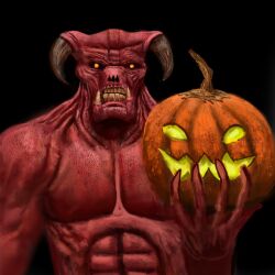  2024 2_horns 5_fingers abs absurd_res anterior_nasal_aperture bared_teeth baron_of_hell big_muscles black_background black_horn demon digital_media_(artwork) digital_painting_(artwork) doom_(series) fangs fingers front_view frown half-length_portrait halloween hi_res holding_object holidays horn id_software jack-o&#039;-lantern looking_at_viewer male microsoft muscular muscular_chest muscular_male orange_eyes painting_(artwork) pixel_axel portrait red_body red_skin simple_background solo teeth yellow_teeth 