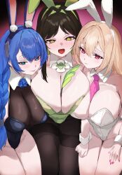  3girls absurdres animal_ears asymmetrical_docking bare_legs black_survival blonde_hair blue_eyes blue_flower blue_hair blue_leotard blue_rose blush braid braided_ponytail breast_press breasts brown_pantyhose cleavage closed_mouth detached_collar eternal_return:_black_survival eva_(black_survival) fake_animal_ears flower green_flower green_leotard gweon_sua hands_on_own_thighs highleg highleg_leotard highres huge_breasts krabking large_breasts leaning_forward lenore_(black_survival) leotard long_hair looking_at_viewer multiple_girls neck_flower necktie nose_blush open_mouth pantyhose pink_necktie playboy_bunny rabbit_ears red_eyes rose see-through_cleavage see-through_clothes smile strapless strapless_leotard thighband_pantyhose thighs very_long_hair white_leotard wrist_cuffs 