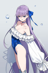  :q bare_shoulders blue_eyes blue_ribbon breasts choker closed_mouth commentary_request fate/grand_order fate_(series) female frills hair_ribbon highres kiya_hajime long_hair long_sleeves looking_at_viewer meltryllis_(fate) meltryllis_(swimsuit_lancer)_(fate) meltryllis_(swimsuit_lancer)_(second_ascension)_(fate) one-piece_swimsuit purple_hair ribbon simple_background sleeves_past_fingers sleeves_past_wrists swimsuit tongue tongue_out very_long_hair white_background 