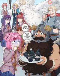  3boys 6+girls absurdres armor artist_name beard blazer blonde_hair blue_capelet blue_robe blue_skirt body_fur bow breasts brown_hair brown_jacket cannibalism capelet cat_girl chilchuck_tims cosplay cupcake dismaiden doki_doki_literature_club dungeon_meshi dwarf elf english_commentary english_text facial_hair fake_horns falin_touden falin_touden_(chimera) falin_touden_(chimera)_(cosplay) feathers food hair_ribbon hairbow helmet highres horned_helmet horns implied_suicide izutsumi jacket laios_touden long_beard marcille_donato meme monika_(doki_doki_literature_club) monster_girl multiple_boys multiple_girls natsuki_(doki_doki_literature_club) neck_ribbon pastry patreon_logo patreon_username pink_hair pleated_skirt pointy_ears purple_hair red_hair red_ribbon ribbon robe sayori_(doki_doki_literature_club) senshi_(dungeon_meshi) skirt speech_bubble underboob vomit-chan_(meme) vomiting white_bow white_feathers yuri_(doki_doki_literature_club) 