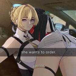  2girls ass ass_focus astra_yao beads blonde_hair car_interior car_seat ch0comeat english_text evelyn_chevalier he_wants_to_order_(meme) highres meme multiple_girls purple_eyes selfie side-view_mirror steering_wheel vehicle_interior zenless_zone_zero 