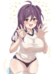  :d black_buruma blush breasts brown_eyes buruma collarbone curvy female gym_shirt gym_uniform hagikaze_(kancolle) highres kantai_collection large_breasts looking_at_viewer open_mouth purple_hair sakura_ab shirt short_sleeves simple_background smile solo taut_clothes taut_shirt thighhighs thighs tight_clothes white_background white_shirt white_thighhighs 