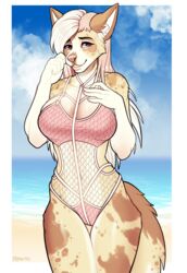  2019 alpha_channel anthro beach belly_cutout big_breasts breasts canid canine canis clothing curvy_figure cutout digital_media_(artwork) domestic_dog embarrassed female fishnet_clothing fishnet_swimwear fluffy fluffy_tail hair hi_res hourglass_figure inner_ear_fluff long_hair mammal navel pink_clothing pink_eyes pink_hair pink_one-piece_swimsuit pink_swimwear porin reign_(scfiii) seaside smile solo swimwear tail thigh_up translucent translucent_clothing translucent_swimwear tuft 