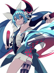  armpits bare_shoulders blue_eyes blue_hair closed_mouth commentary cowboy_shot drumsticks female from_side hachimaki hair_ribbon hatsune_miku hatsune_miku_x_kodo headband holding holding_drumsticks horns japanese_clothes leg_tattoo long_hair looking_at_viewer manbou_no_ane mitsudomoe_(shape) nejiri_hachimaki outstretched_arm ribbon sarashi shide shirt shorts sleeveless sleeveless_shirt smile solo standing symbol_in_eye tattoo tomoe_(symbol) twintails v-shaped_eyebrows very_long_hair vocaloid white_background white_ribbon white_shorts wrist_guards 