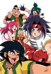  5boys bakuten_shoot_beyblade beyblade black_hair chen_mao chen_rai closed_mouth female gao_(beyblade) green_hair kiki_(beyblade) kon_rei long_hair multiple_boys official_art old old_man open_mouth pink_hair ponytail source_request tao_(beyblade) white_background yellow_eyes 