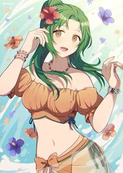  :d bare_shoulders bead_bracelet bead_necklace beads bikini blue_flower bracelet breasts brown_eyes crml_orng elincia_ridell_crimea elincia_ridell_crimea_(summer) female fire_emblem fire_emblem:_radiant_dawn fire_emblem_heroes flower forehead green_hair hair_flower hair_ornament hands_up hibiscus highres jewelry long_hair looking_at_viewer medium_breasts navel necklace off-shoulder_bikini off_shoulder official_alternate_costume open_mouth orange_bikini orange_flower puffy_short_sleeves puffy_sleeves red_flower sarong see-through short_sleeves side-tie_bikini_bottom smile solo stomach swimsuit upper_body 