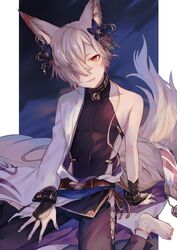  1boy animal_ears clothing_cutout commentary_request erune fingerless_gloves fox_boy fox_ears fox_tail gloves granblue_fantasy hair_over_one_eye highres kou_(granblue_fantasy) large_tail looking_at_viewer male_focus moegi0926 open_mouth side-tie_legwear sideless_outfit sitting solo tail thigh_cutout 