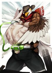  2019 absurd_res accipitrid accipitriform alternate_species avian back_muscles bane_(dc) beak bear_hug biceps big_muscles bird bottomwear brown_body brown_feathers clothed clothing cowboy cowboy_hat dc_comics duo eagle feathers fight fur hat headgear headwear hi_res lagomorph leporid lifewonders male mammal mask multicolored_body multicolored_feathers muscular muscular_male rabbit scarf thunderbird_(tas) tokyo_afterschool_summoners topless traver009 two_tone_body two_tone_feathers vein veiny_muscles white_body white_feathers white_fur 