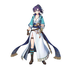  boots bow bowtie breasts cleavage clenched_hand collarbone commentary_request female fingerless_gloves fir_(fire_emblem) fire_emblem fire_emblem:_the_binding_blade fire_emblem_heroes full_body gloves highres japanese_clothes kiyu_(zuyu) knee_boots long_hair medium_breasts obi official_art ponytail purple_eyes purple_hair sash sheath sheathed short_sleeves side_slit simple_background solo standing sword thigh_strap weapon white_background 