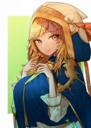  absurdres bell blonde_hair blue_cape cape dress female flower flower_girl_bari guardian_tales highres holding holding_flower korean_commentary long_hair looking_at_viewer manjin512 orange_flower simple_background smile upper_body white_dress yellow_eyes 