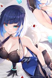  absurdres aqua_eyes armpits bare_shoulders blue_dress blue_hair blush breasts cleavage collarbone dress fallen-leaves female genshin_impact highres jewelry large_breasts looking_at_viewer mole mole_on_breast multiple_views parted_lips short_hair smile yelan_(genshin_impact) 