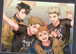  4boys :d black_hair bokuto_koutarou confetti grey_hair haikyuu!! highres hinata_shouyou jacket looking_at_viewer male_focus miya_atsumu multiple_boys open_clothes open_jacket open_mouth orange_eyes orange_hair photo_(object) sakusa_kiyoomi short_hair smile sportswear teeth tongue tongue_out twitter_username volleyball_uniform wsr_cao_rong_rong 