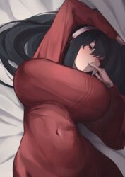  absurdres arm_up bed_sheet befe black_hair blush breasts covered_navel female finger_to_mouth hairband highres large_breasts long_hair long_sleeves lying on_back red_eyes red_sweater solo spy_x_family sweater upper_body yor_briar 