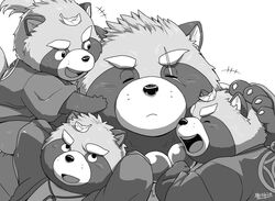  2021 anthro canid canine closed_eyes clothed clothing group gyobu&#039;s_underlings gyobu_(tas) hijirinoyuta humanoid_hands kemono leaf lifewonders male mammal monochrome raccoon_dog scar simple_background size_difference slightly_chubby tanuki tokyo_afterschool_summoners white_background young 