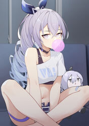  absurdres bandage_on_thigh bare_legs black_choker black_shorts blowing_bubbles character_doll chewing_gum choker couch crop_top crossed_bangs drill_hair drill_ponytail female grey_eyes grey_hair hair_ribbon highres honkai:_star_rail honkai_(series) indian_style indoors jon_eve looking_at_viewer midriff navel on_couch ribbon shirt short_shorts shorts sidelocks silver_wolf_(honkai:_star_rail) single-shoulder_shirt single_bare_shoulder single_drill sitting solo stomach thigh_strap white_shirt 