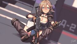  absurdres ak-74u_(girls&#039;_frontline) aks-74u assault_rifle blonde_hair blue_eyes breasts cleavage commentary denim denim_shorts dragoncastle earpiece explosive female girls&#039;_frontline gloves grenade gun highres hood hood_down hooded_jacket jacket kalashnikov_rifle knee_pads large_breasts looking_at_viewer open_clothes open_jacket open_mouth rifle short_hair shorts sitting sleeves_rolled_up solo spread_legs thighhighs throat_microphone trigger_discipline weapon 