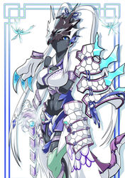  absurdres arm_under_breasts armor artist_name black_bodysuit black_thighhighs blue_eyes bodysuit breasts bug butterfly dragon dragon_girl dragon_tail duel_monster female full_body highres holding holding_sword holding_weapon large_breasts long_hair looking_at_viewer mask mask_on_head mask_over_one_eye md5_mismatch sangyou_haikibutsu_a solo sword swordsoul_of_mo_ye tail thighhighs thighs weapon yu-gi-oh! 