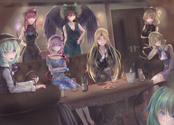  6+girls alcohol alternate_costume animal_ears aqua_hair arms_behind_back arms_under_breasts bare_arms bird_wings black_dress black_hair black_headwear black_jacket black_pantyhose black_skirt blonde_hair blue_dress blue_eyes bottle boutonniere braid breasts carnation cat_ears cat_tail chains chair cigar cleavage commentary_request contemporary couch crossed_arms crossed_legs cuffs cup door dress drinking_glass dutch_angle elbow_gloves eyes_visible_through_hair feathered_wings floral_print flower food gloves green_dress green_eyes grin hair_ornament hair_ribbon hairband hand_on_own_hip hat head_rest head_tilt heart heart_hair_ornament holding holding_cigar horns hoshiguma_yuugi ice_bucket indoors jacket kaenbyou_rin kisume komeiji_koishi komeiji_satori kurodani_yamame large_breasts long_hair long_sleeves looking_at_viewer mizuhashi_parsee multiple_girls multiple_tails niradama_(nira2ratama) on_couch open_mouth pantyhose parted_bangs pencil_skirt pinstripe_pattern pinstripe_skirt pinstripe_vest plate purple_eyes purple_hair red_eyes red_footwear red_hair reiuji_utsuho ribbon scarf sconce shackles sharp_teeth shirt short_hair short_sleeves single_horn single_strap sitting skirt sleeveless sleeveless_dress small_breasts smile striped subterranean_animism suit_jacket table tail teeth third_eye touhou twin_braids two_side_up very_long_hair vest whiskey white_gloves white_scarf white_shirt wine_bottle wine_glass wings 