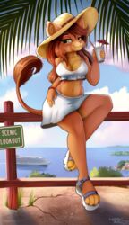  2022 absurd_res anthro belly bottomwear breasts brown_hair cleavage clothed clothing crop_top cruise_ship digital_media_(artwork) english_text felid female fence footwear fur furgonomics hair hat headgear headwear hi_res lightly-san lion looking_at_viewer mammal merchant_ship navel outside palm_tree pantherine passenger_ship plant sandals sea shaded ship shirt sign skirt smile solo tail tail_through_skirt tail_tuft text topwear tree tuft vehicle water watercraft 