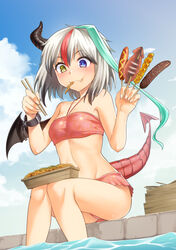  aqua_hair asymmetrical_hair bandeau bare_arms bare_legs bare_shoulders bikini bikini_skirt black_hair blue_eyes blue_sky blush chains chimera chocolate_banana chopsticks cloud cloudy_sky collarbone corn_dog cowboy_shot cuffs day dragon_girl dragon_horns dragon_tail dragon_wings eating female food food_in_mouth fried_squid from_below grey_hair halterneck heterochromia holding holding_chopsticks holding_food horns kebab ketchup kiasa knees_together_feet_apart long_hair looking_at_food lunchbox midriff multicolored_hair mustard navel oerba_yun_fang outdoors partially_submerged pasta red_bikini red_hair rose_(sentouin_hakenshimasu!) sausage sentouin_hakenshimasu! shackles single_horn single_wing single_wrist_cuff sitting skewer skin_fang sky soaking_feet solo squid stomach streaked_hair swimsuit tail water wings wrist_cuffs yellow_eyes 