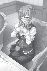  artist_name blush braid dress_shirt female goblin_slayer! greyscale guild_girl_(goblin_slayer!) hair_between_eyes highres kannatsuki_noboru long_hair long_sleeves looking_away monochrome non-web_source novel_illustration official_art open_mouth pencil pencil_skirt shirt sitting skirt solo wavy_mouth 