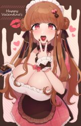  blush bow box box_of_chocolates breasts brown_hair candy chocolate cleavage double_bun earrings female food hair_between_eyes hair_bun hair_ornament hairbow heart heart-shaped_chocolate highres holding holding_chocolate holding_food huge_breasts jewelry kinakosuki long_hair looking_at_viewer maid maid_headdress moca-chan open_mouth original red_eyes scrunchie solo swept_bangs valentine 