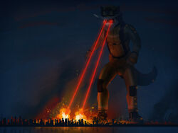  2021 4:3 anthro armor boots bottomwear canid canine canis city city_destruction clothing dakota_(rockwolf) destroyed_building destruction domestic_dog fire firefighter firefighter_boots firefighter_helmet firefighter_uniform footwear headgear helmet hi_res landscape_dwarfing laser laser_eyes macro mammal night pants plantigrade sea shoes solo tail thb886 uniform visor water wolf 