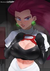  black_gloves black_sports_bra blue_eyes blush breasts clothes_lift crop_top earrings elbow_gloves english_commentary female flashing flytrapxx forehead gloves hair_slicked_back highres indoors jessie_(pokemon) jewelry large_breasts lifting_own_clothes lipstick long_hair looking_at_viewer makeup midriff navel pokemon pokemon_(anime) pokemon_(classic_anime) purple_hair red_lips shirt_lift single_letter skirt solo sports_bra team_rocket team_rocket_uniform toned white_skirt 